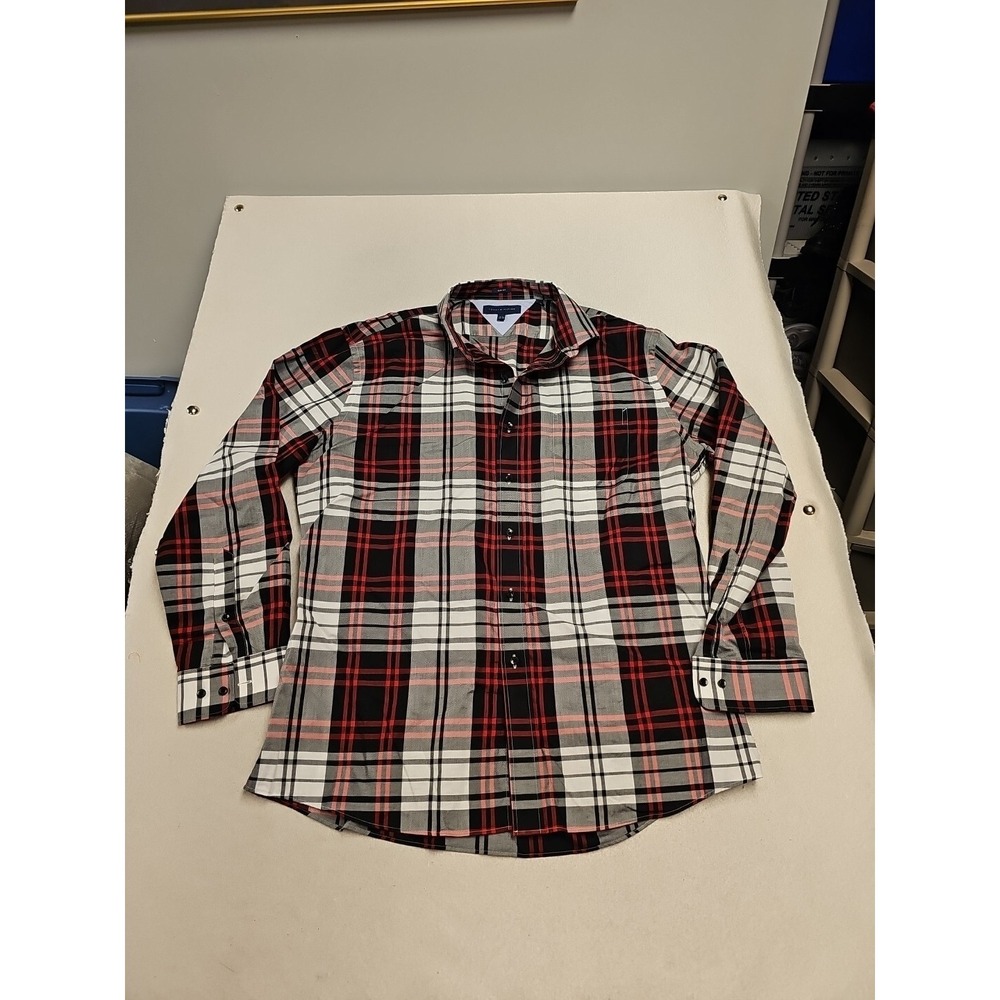Tommy Hilfiger Mens Slim Fit Plaid Button Down Shirt Red Black White 17.5 34-35